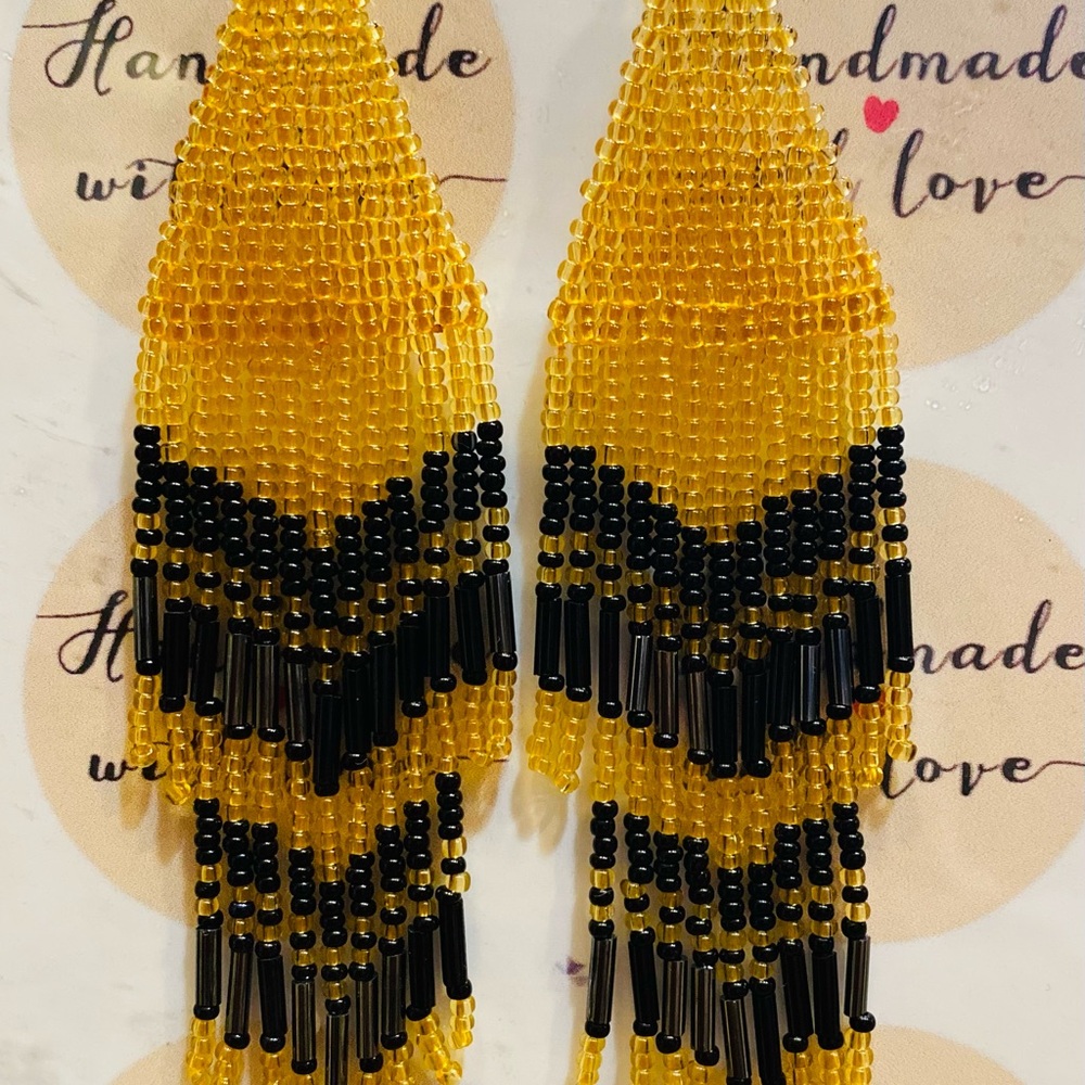 Handmade Yellow and Black Beaded Earrings
